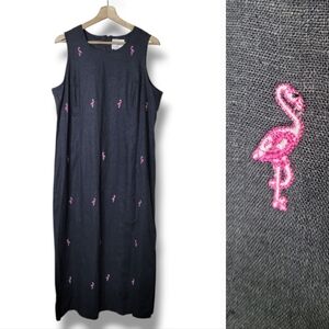 Vintage Black Maxi Dress Embroidered Pink Flamingos Size Large